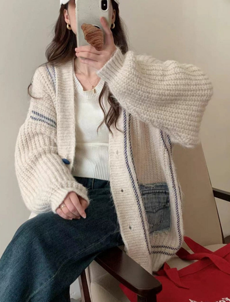 Knit Cardigan with Denim Patch Pockets