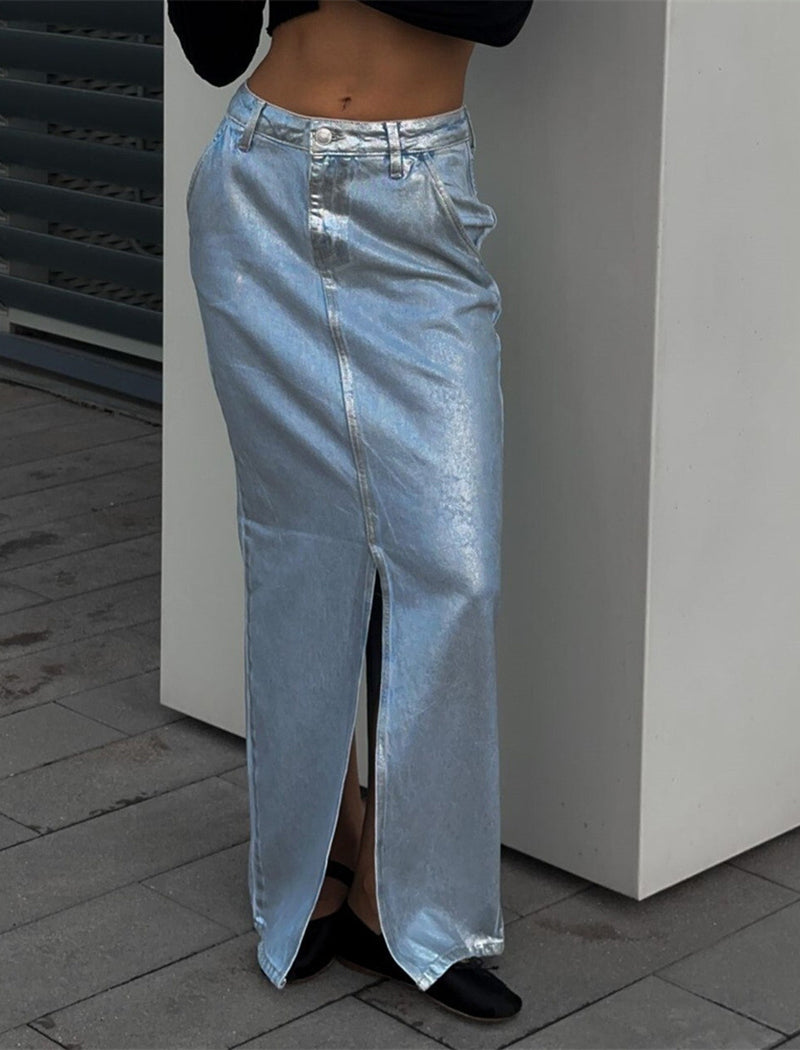 A Line Slit Shiny Midi Skirt