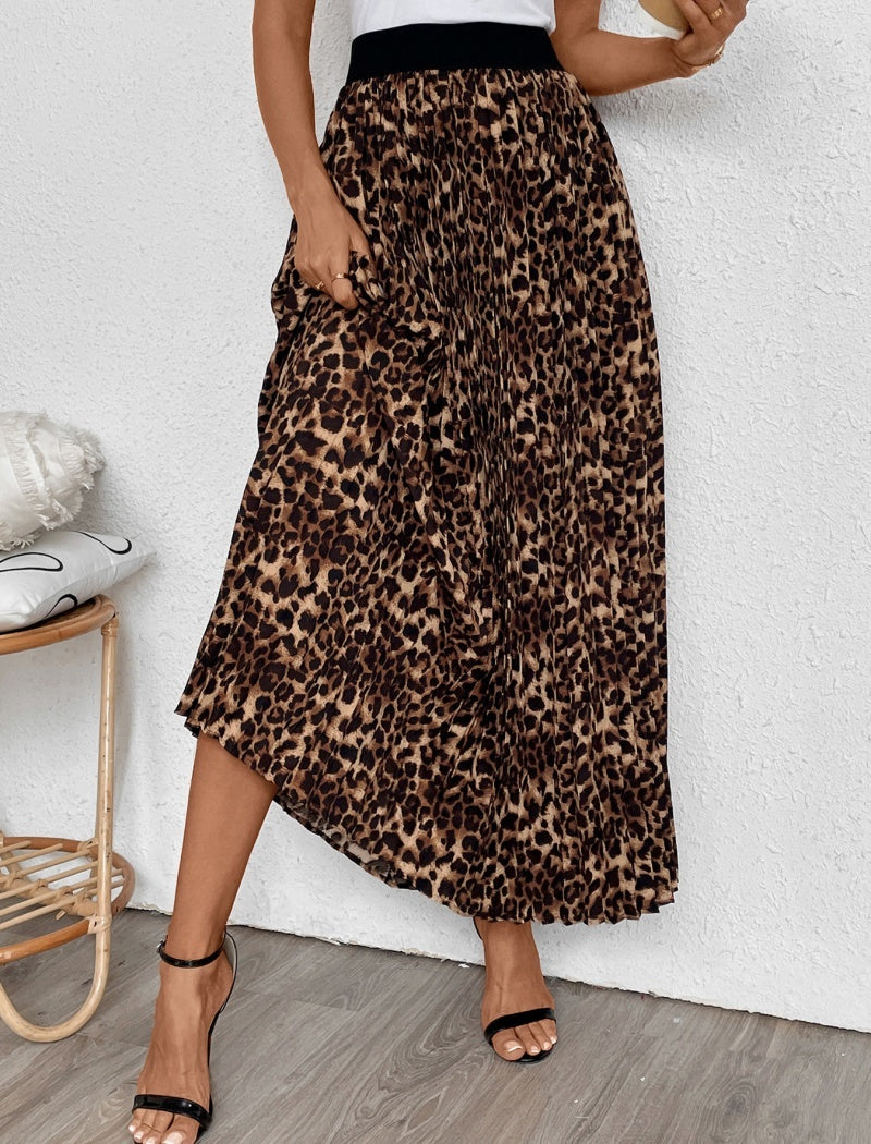 Leopard Print Pleated Midi Skirt