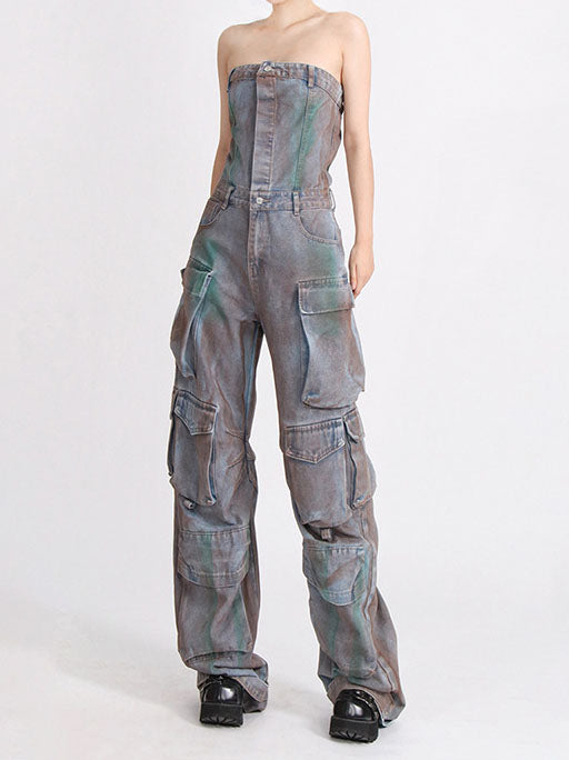 Strapless Distressed Utility Jumpsuit