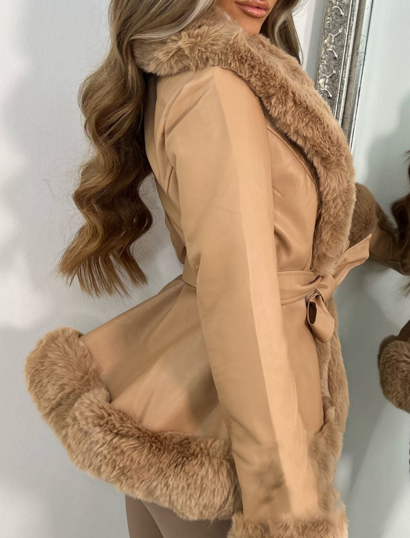Faux Fur Trim Belted Jacket