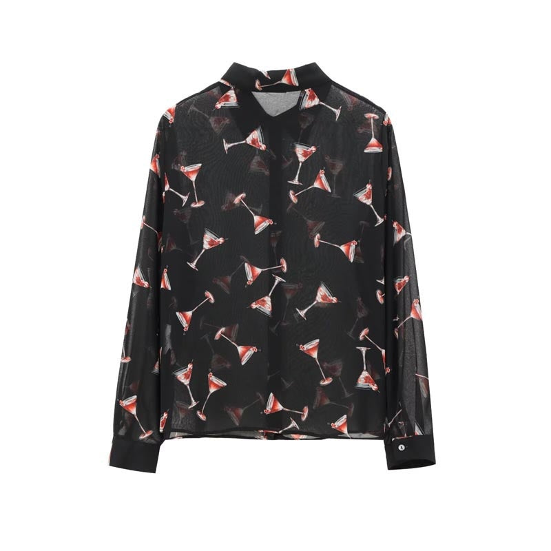 Semi-Transparent Printed Button-Up Long Sleeve Shirt