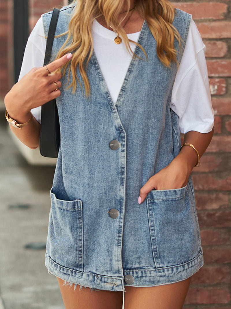 V-Neck Buttoned Pockets Denim Vest