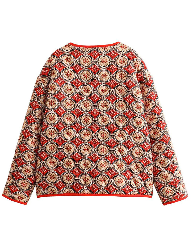 Button-Detail Floral Crewneck Cardigan