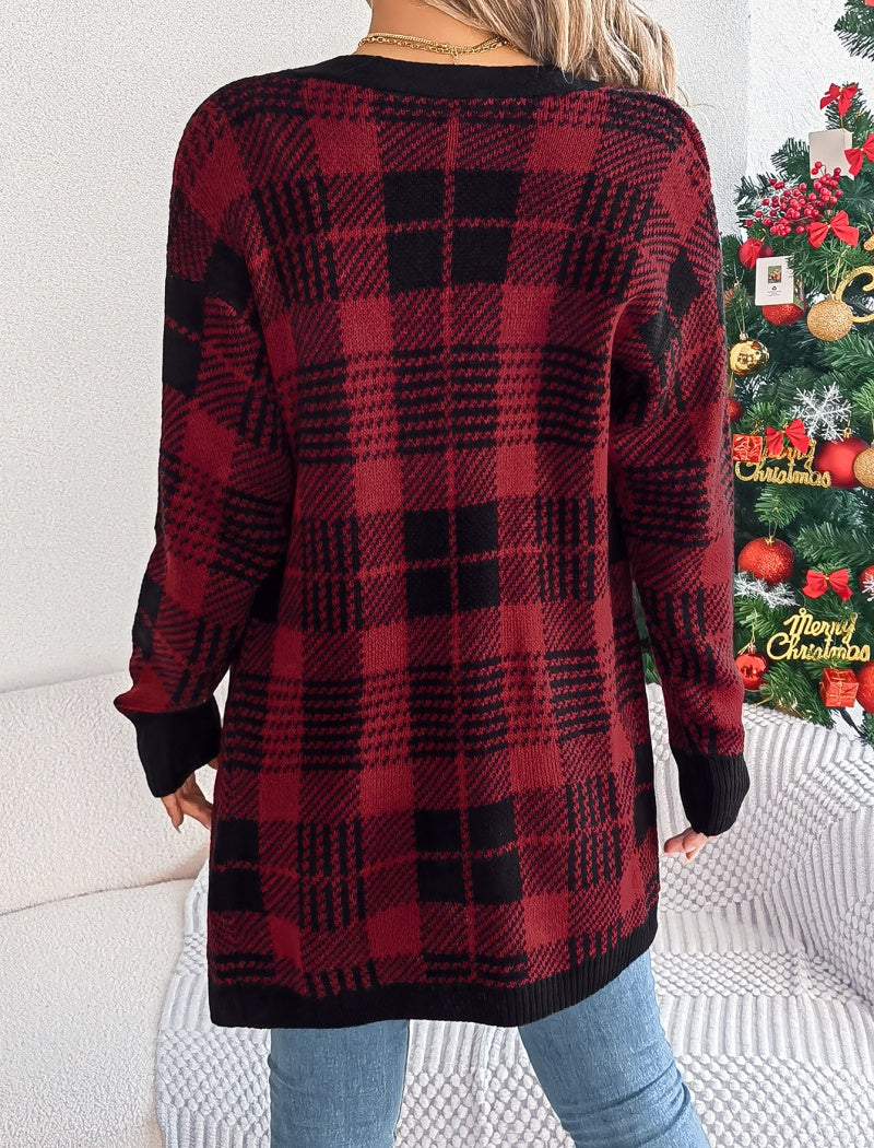 Color-Blocked Checkered Long Sleeve Cardigan