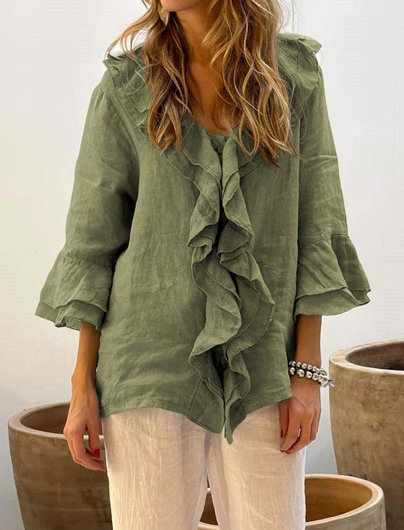 Ruffle Trim Solid Blouse