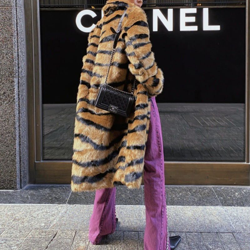 Tiger Stripe Faux Fur Long Coat