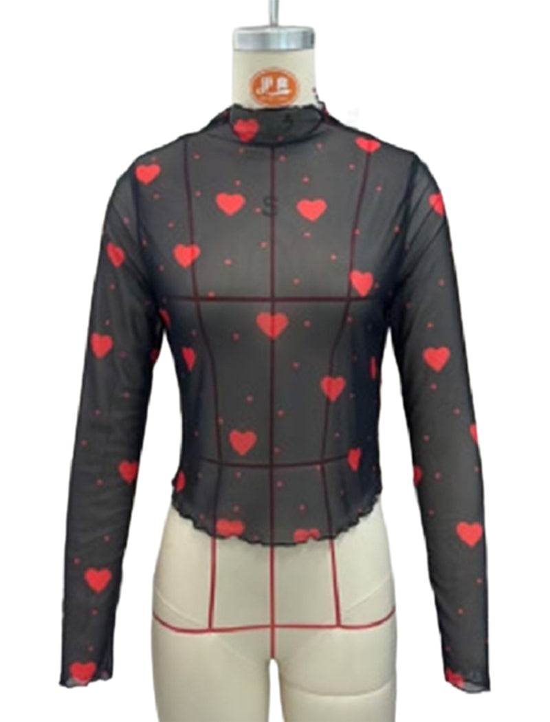 Heart Print Sheer Long Sleeve Top