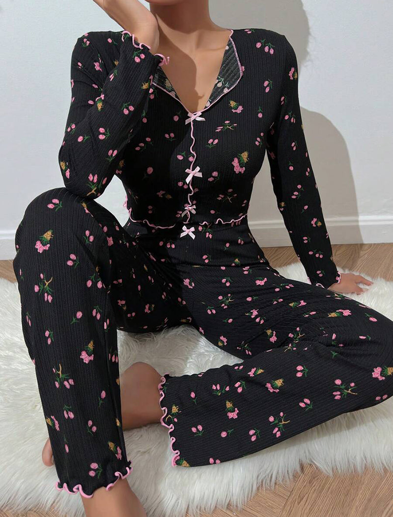 Bow Tie Collar Rolled-Cuff Long Sleeve Pajama Set