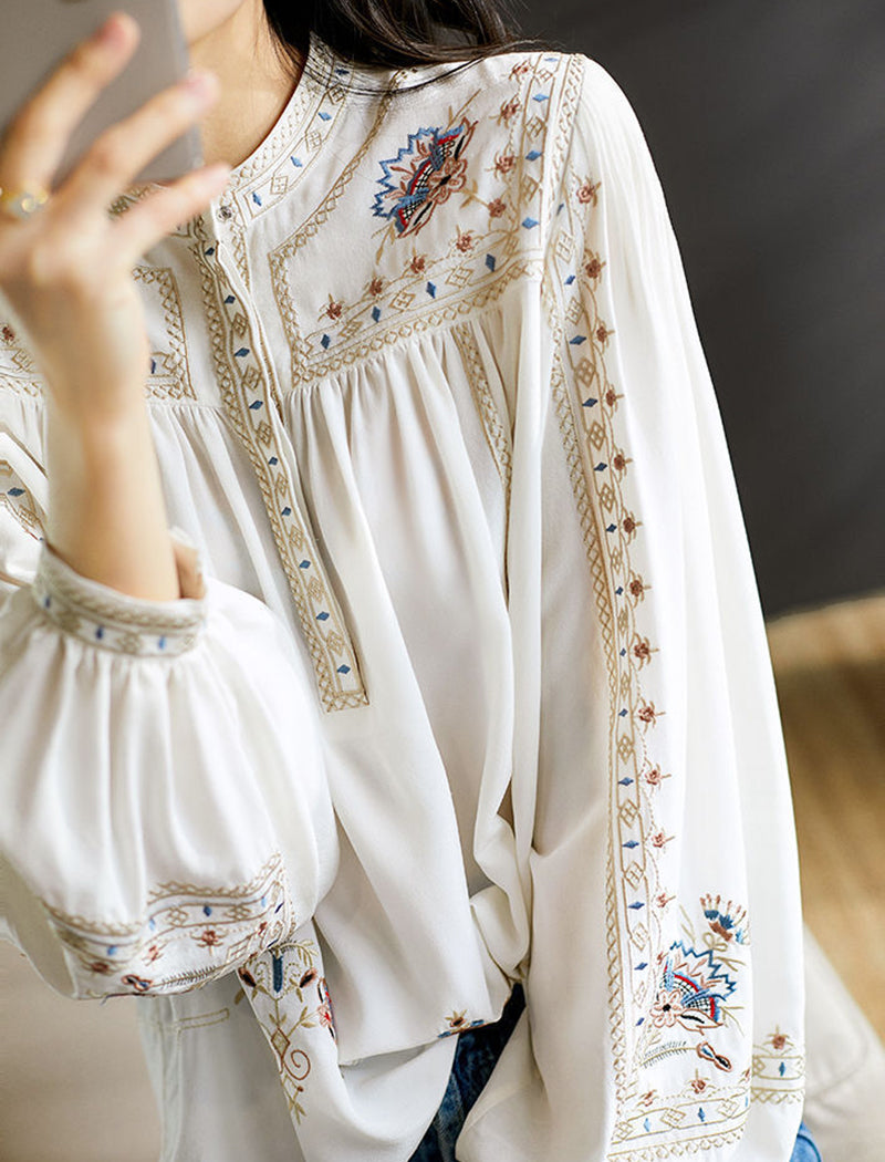 Stand Collar Loose Fit Printed Shirt