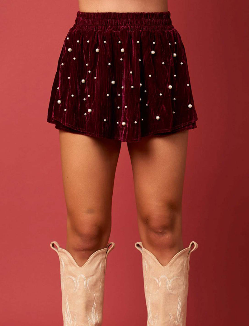 Velvet Mini Shorts with Pearl Embellishments