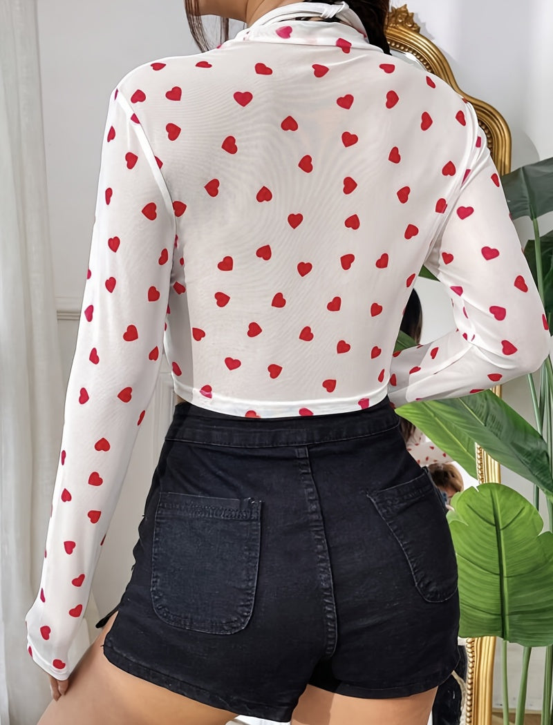 Heart Print Mesh Long Sleeve Top