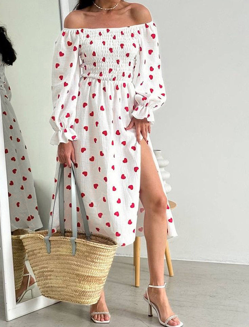 Heart Print Slit Long Sleeve Nightgown