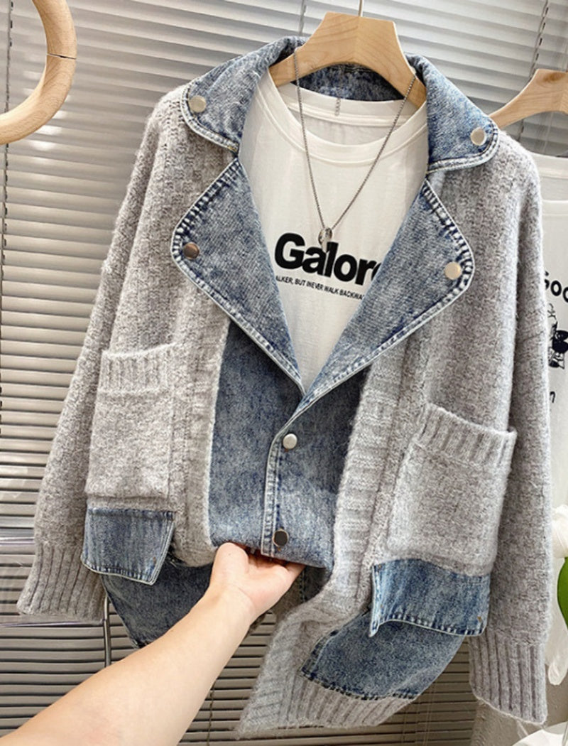 Oversized Knit Cardigan with Denim Panels