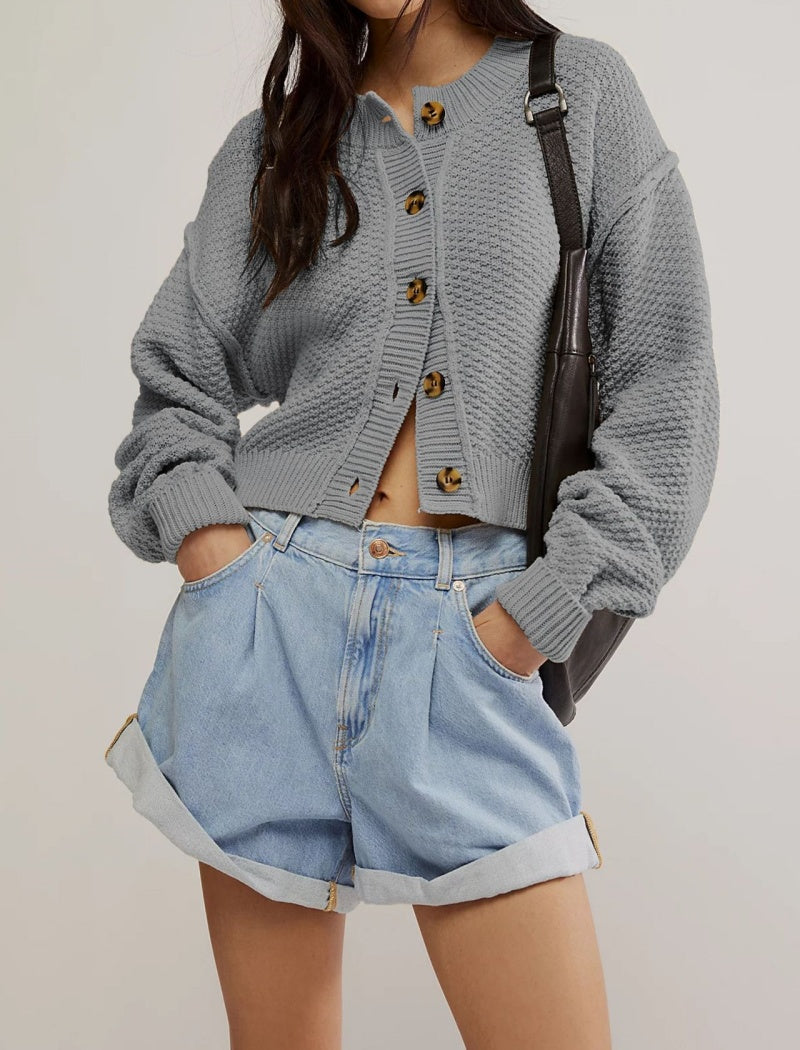 Cropped Button-Up Knit Cardigan