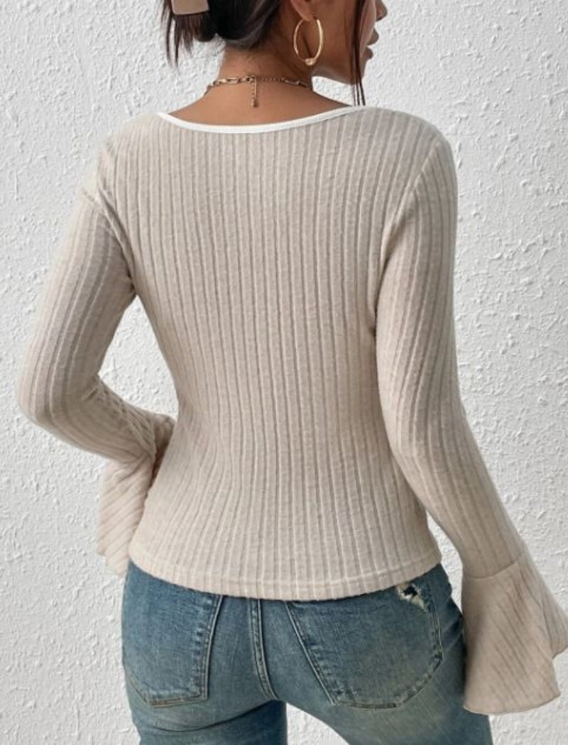 Ribbed Square Neck Long Sleeve Top