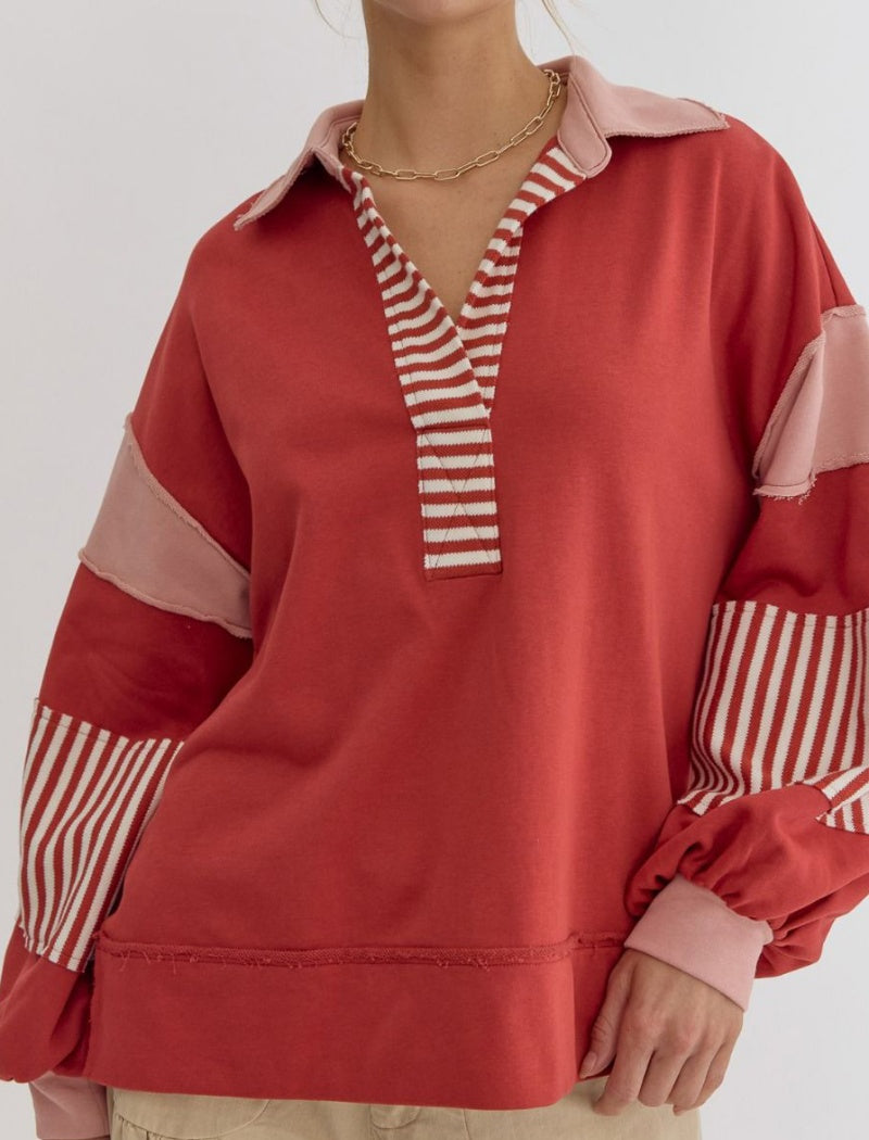 Striped Patchwork Pullover with V-Neck