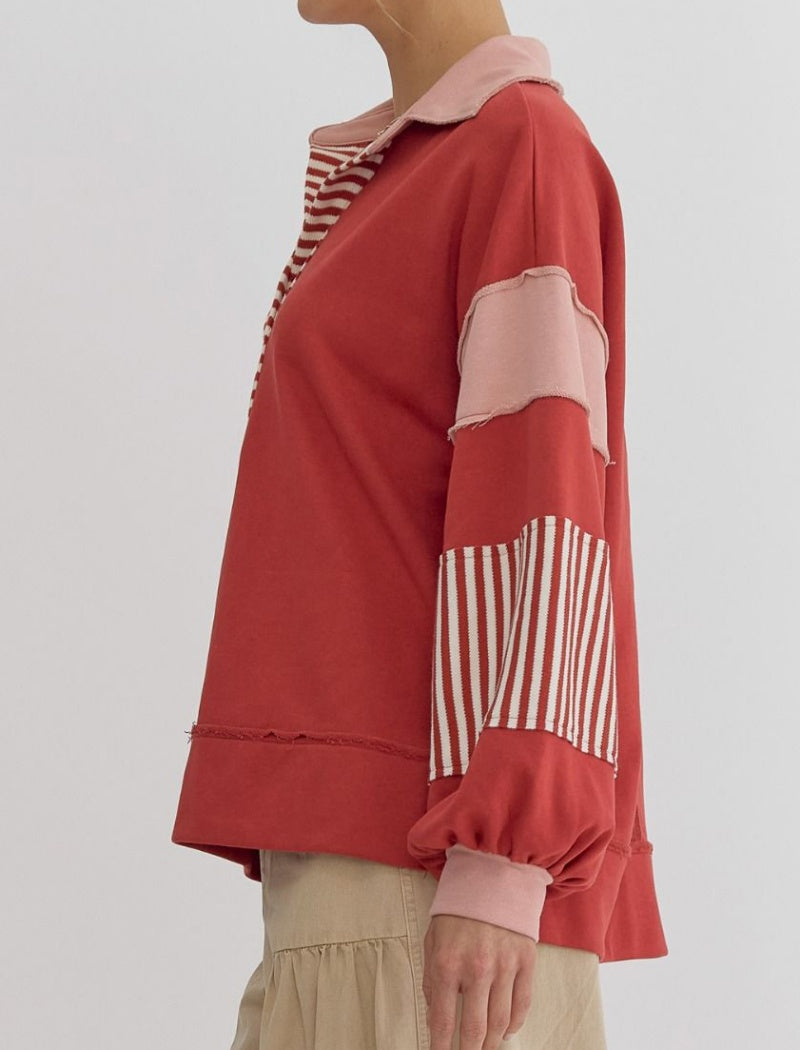 Striped Patchwork Pullover with V-Neck