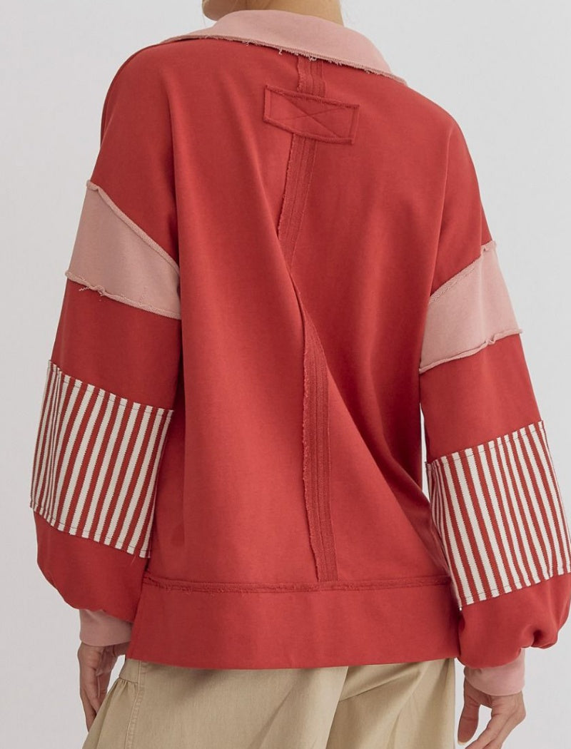 Striped Patchwork Pullover with V-Neck