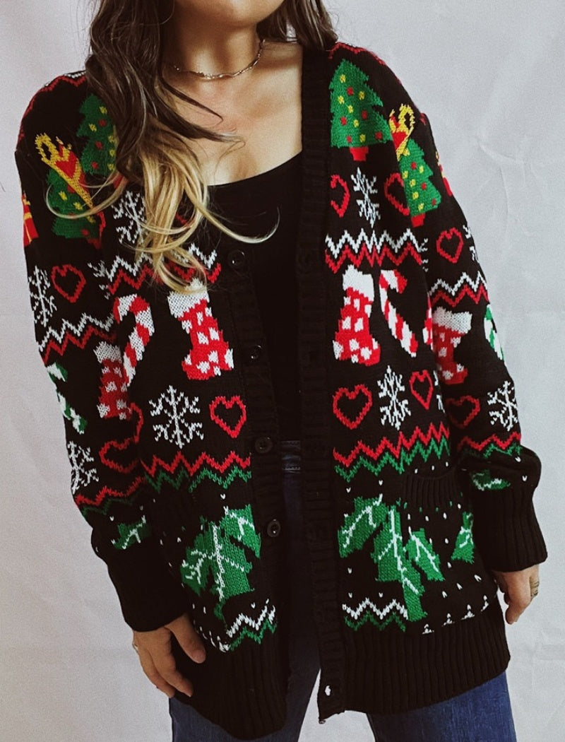 Holiday Cardigan with Festive Prints