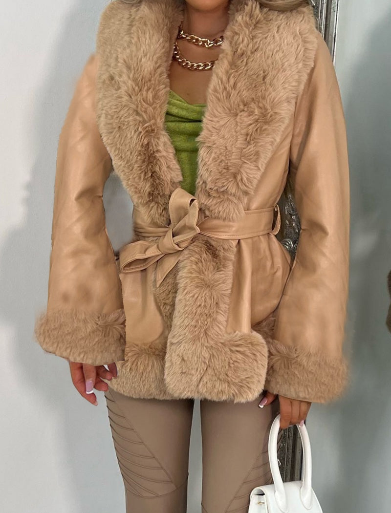 Faux Fur Trim Belted Jacket