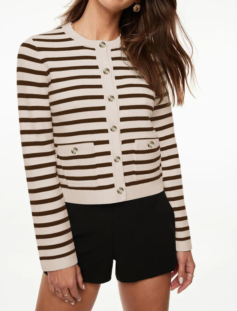 Striped Button-Up Cropped Cardigan