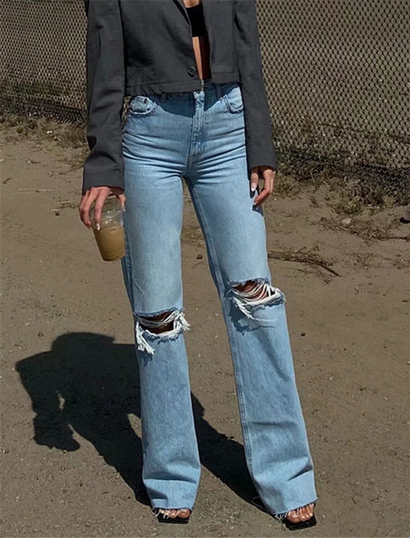 Distressed Wide-Leg Flared Denim Pants