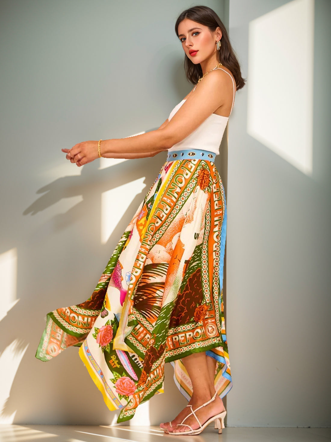 Graphic Print Asymmetrical Maxi Skirt