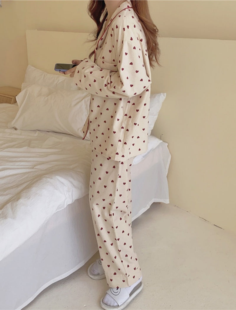 Brushed Heart Print Long Sleeve Pajamas