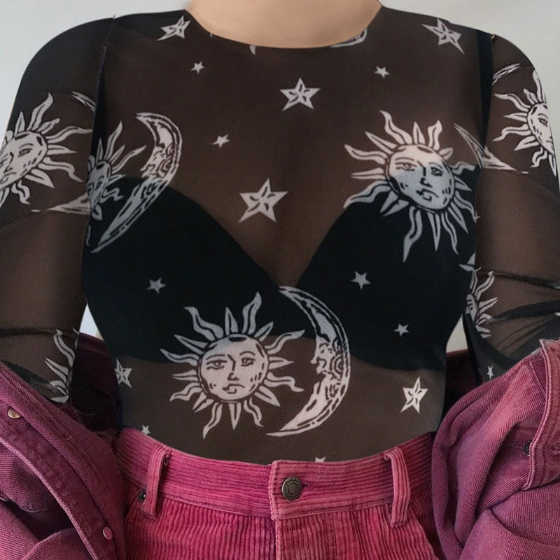 Mesh Long Sleeve Crop Top with Moon and Star Print