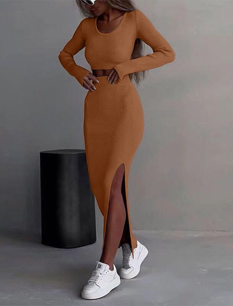 Solid Knit Crewneck Top and Slit Long Skirt Set
