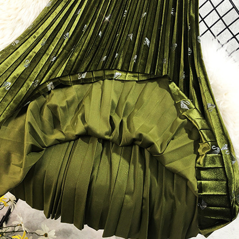 Pleated Metallic Midi Skirt