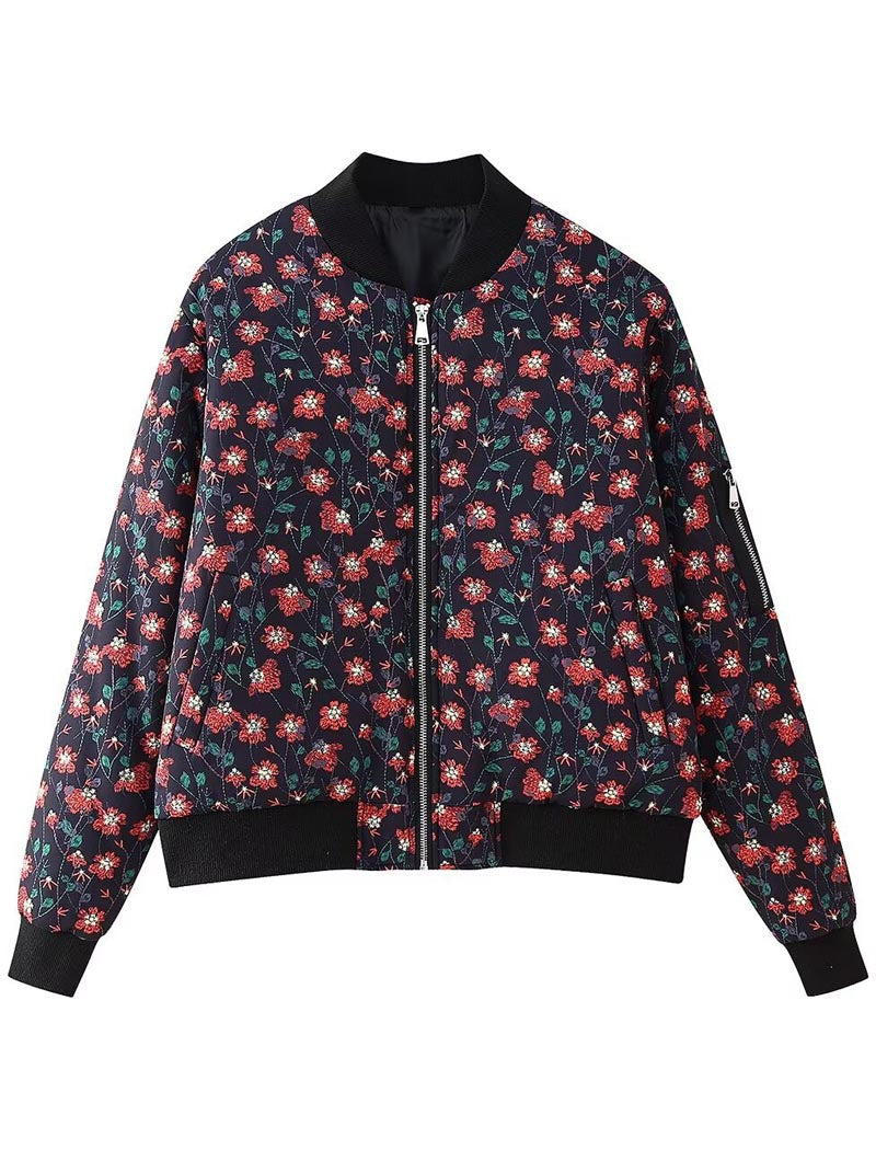 Floral Print Zipper Bomber Quilted Jacket
