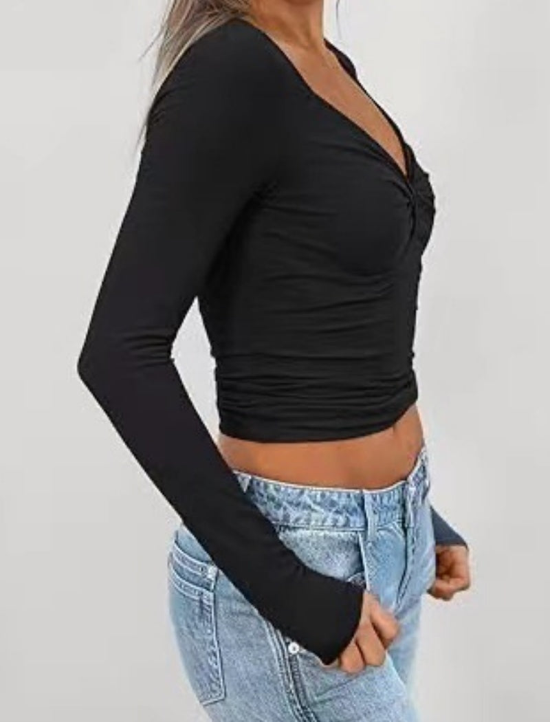 Twist Front V-Neck Slim Fit Long Sleeve Top