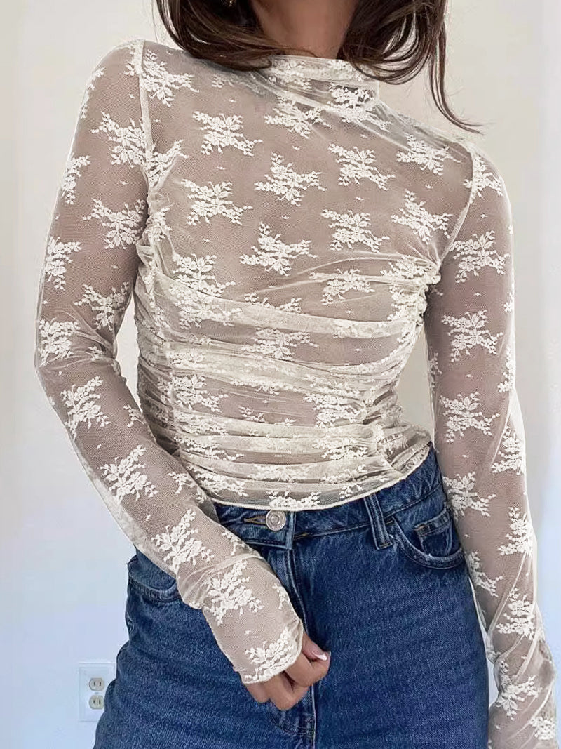 Ruched Sheer Lace Long-Sleeve Top
