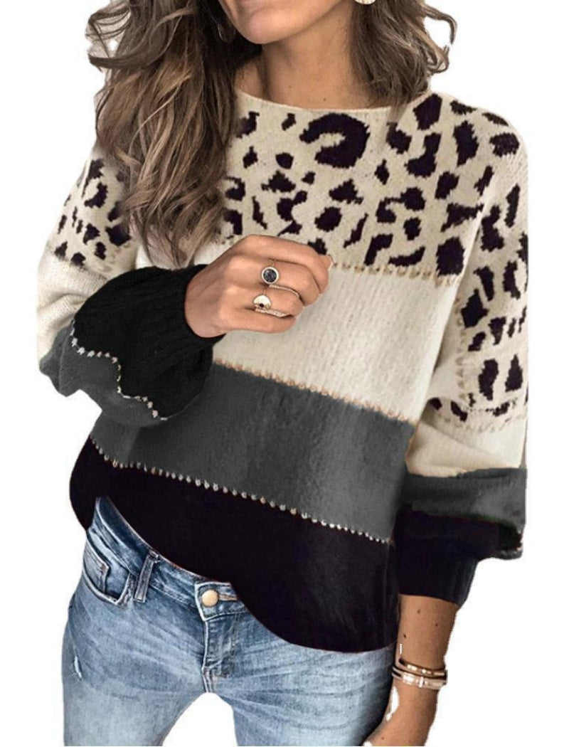 Leopard Print Colorblock Sweater with V-Neck