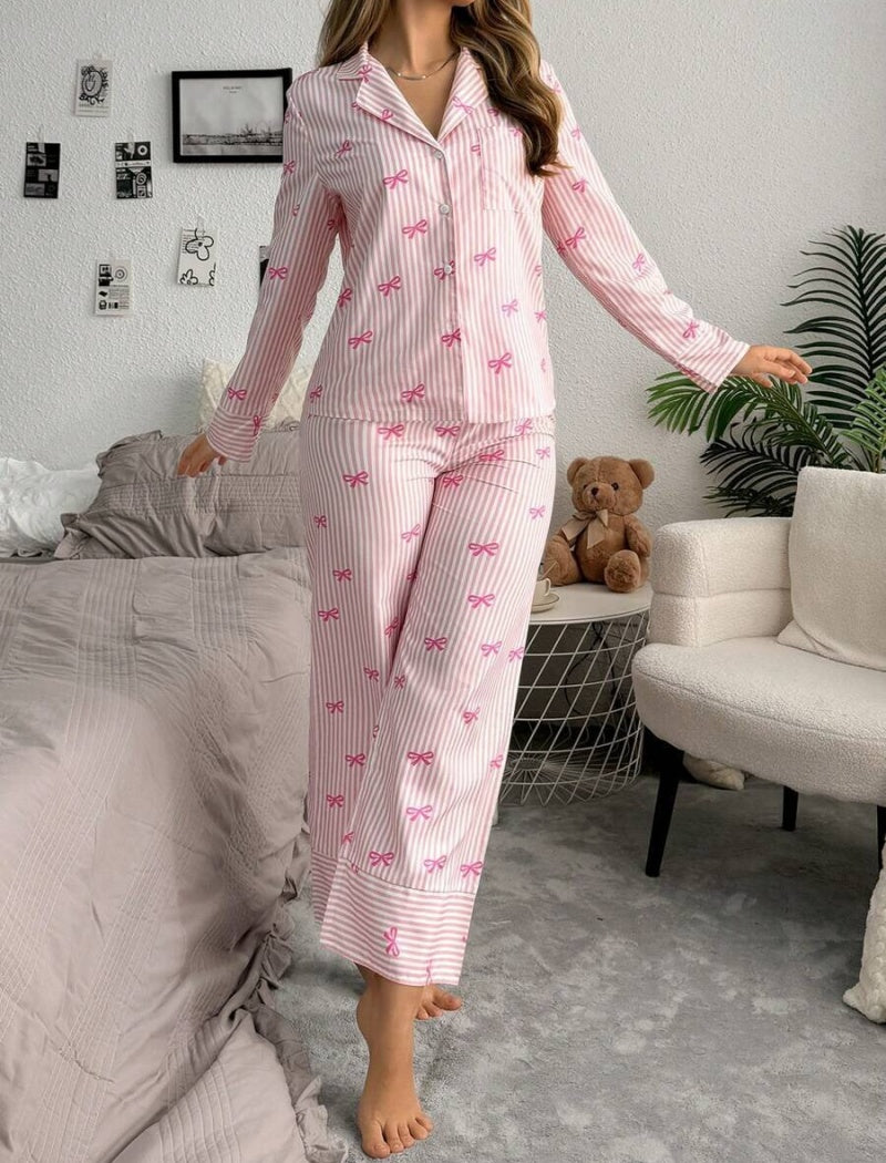 Striped Pajama Set with Bow Prints