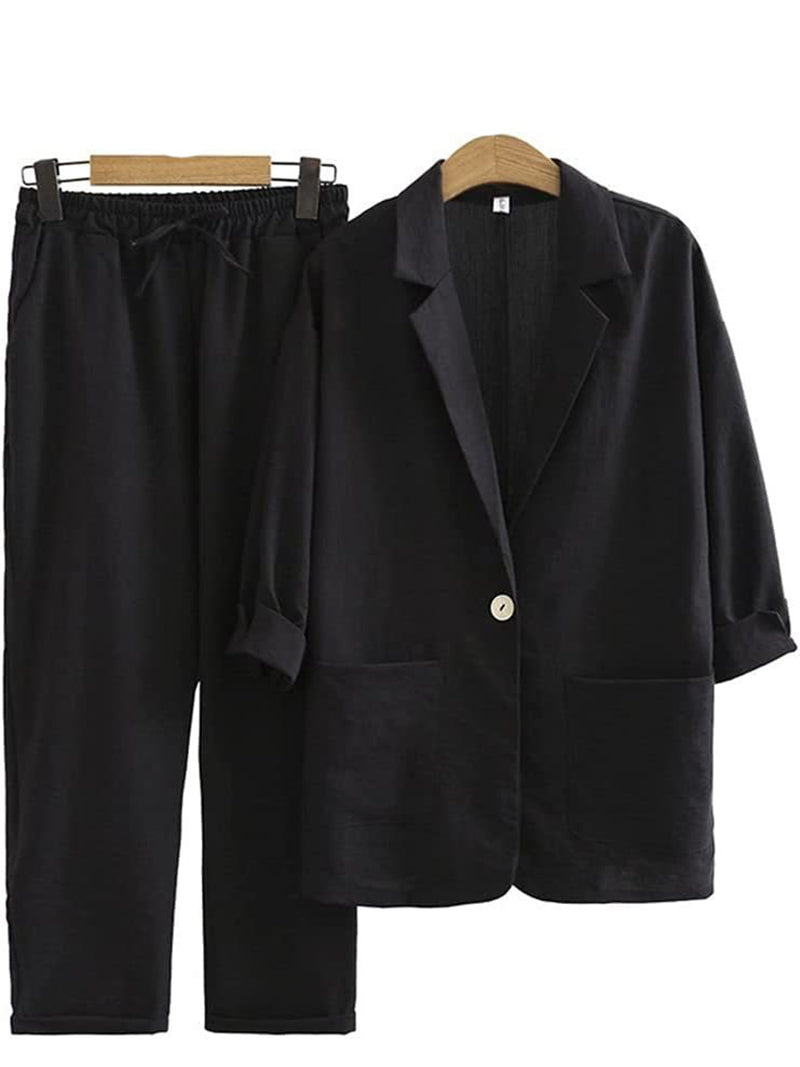 Solid Blazer and Drawstring Pants Set