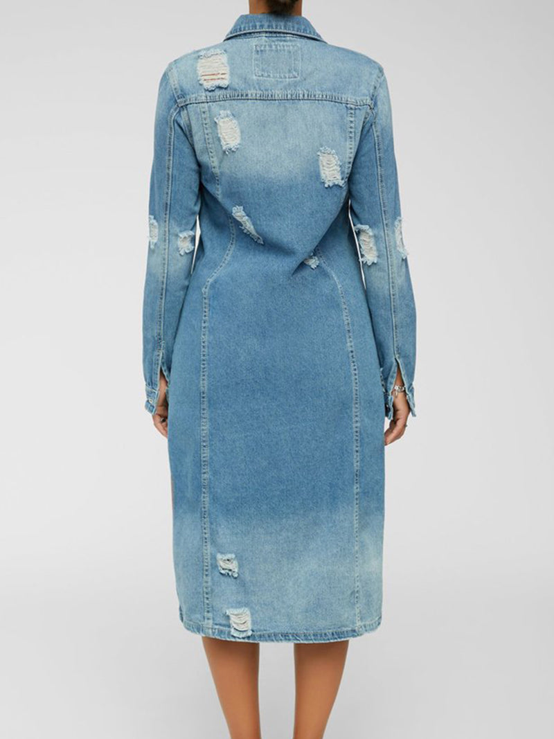 Distressed Denim Button-Front Coat