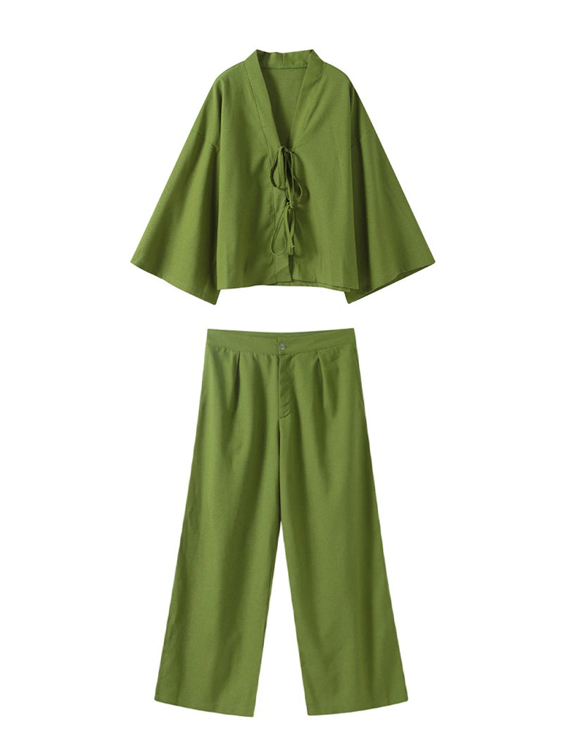 Solid Tie-Front Blouse and Pants Set