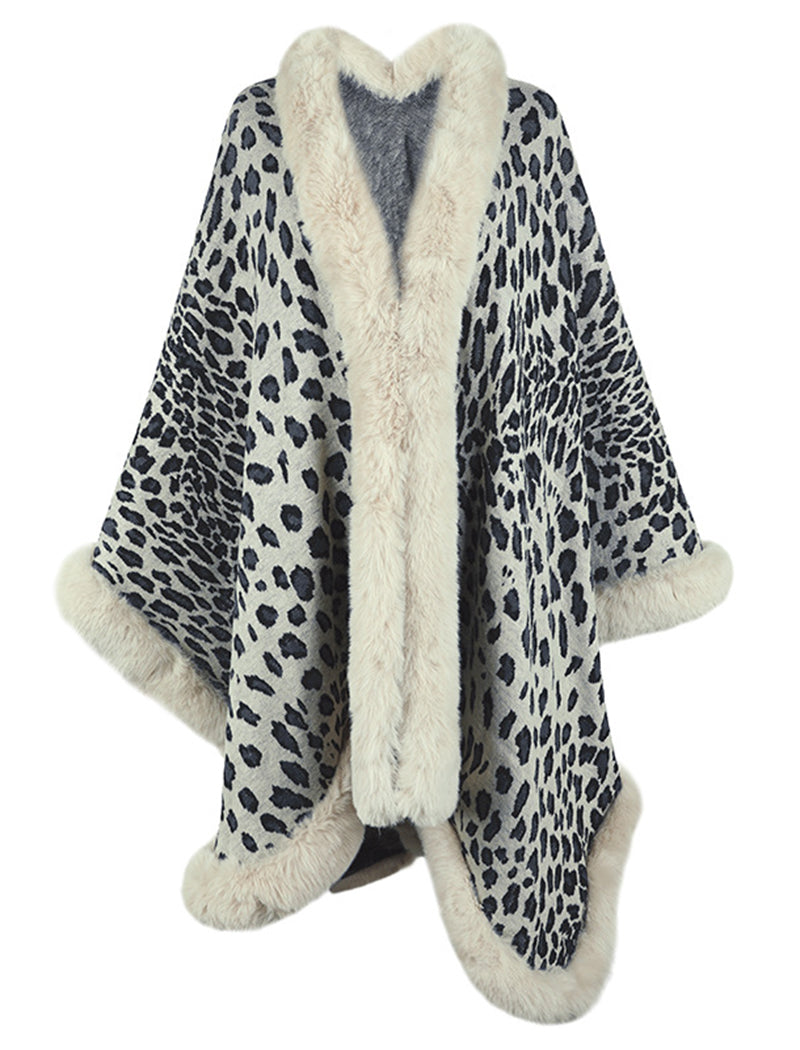 Leopard Print Faux Fur Trim Cape