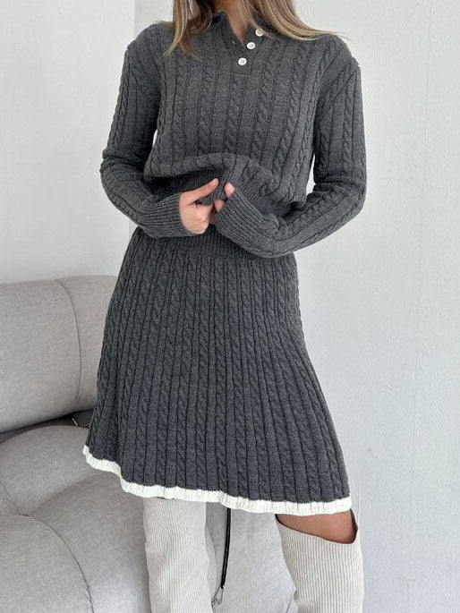 Ribbed Buttoned Sweater and Mini Skirt Set