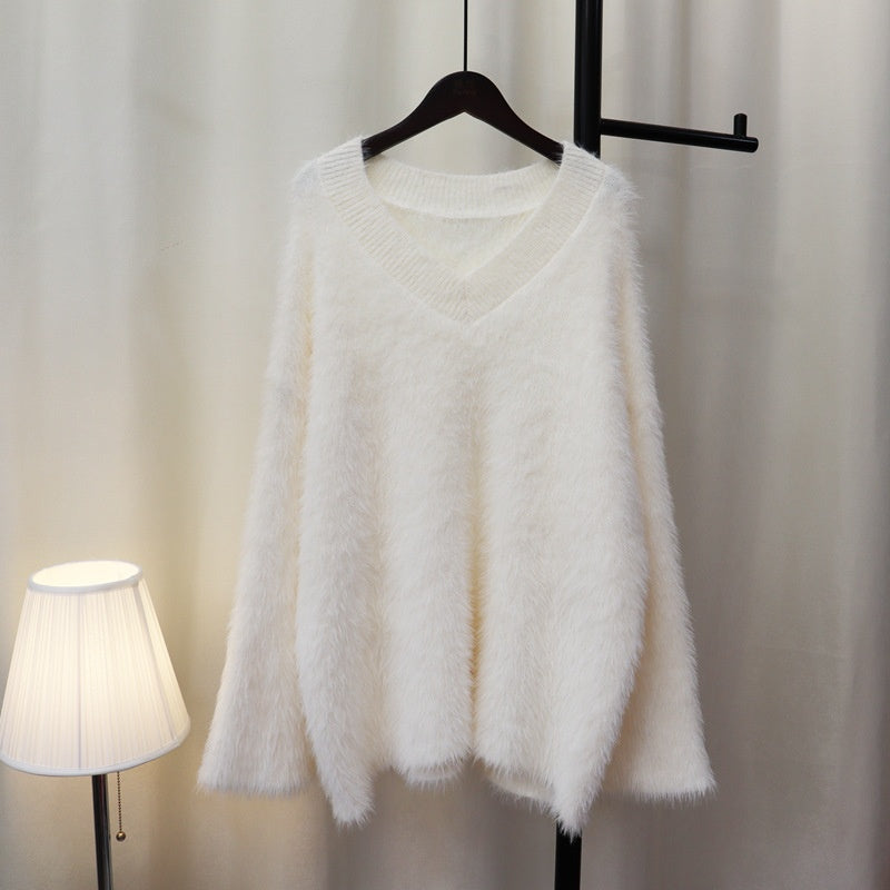 Fluffy V-Neck Loose Knit Sweater