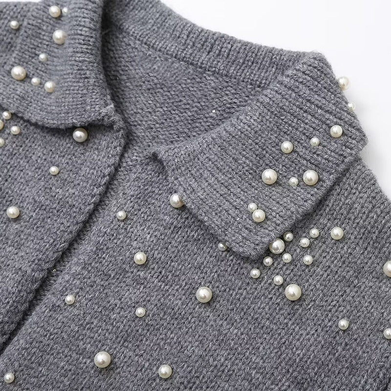 Pearl Detail Collared Long Sleeve Knit Coat