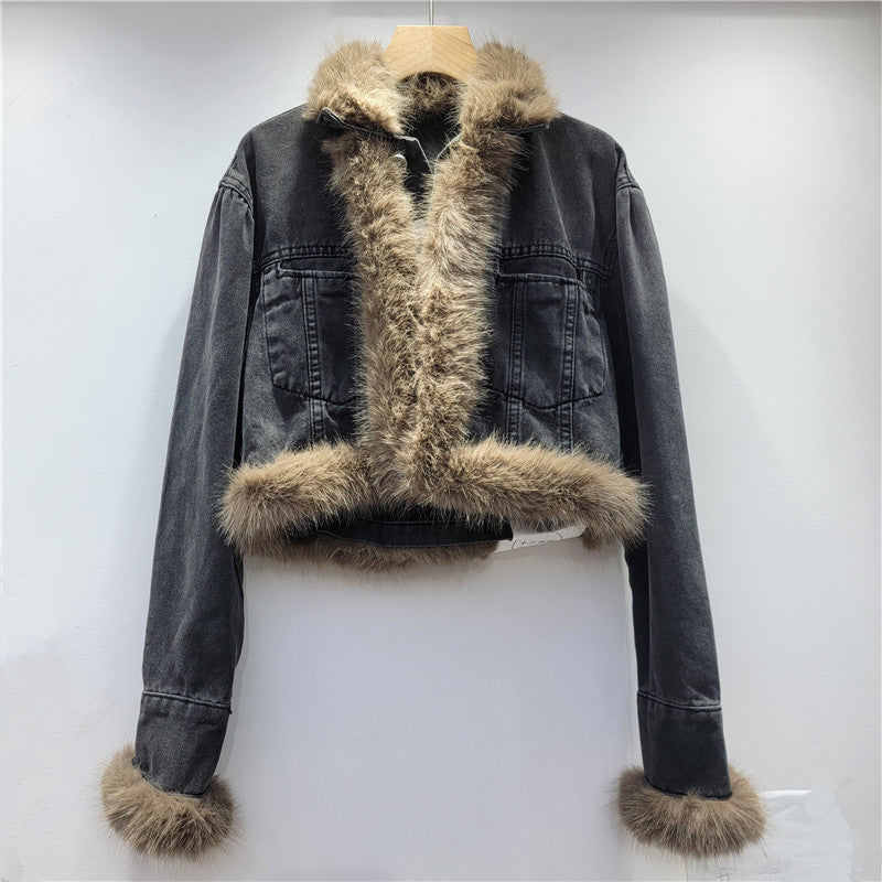 Cropped Denim Jacket with Fur Trim