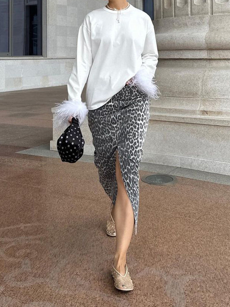 Leopard High-Waisted Split-Hem Midi Skirt