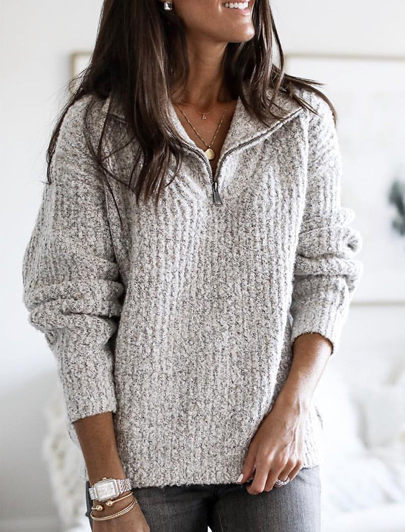 Zip-Up Textured Sweater with Ribbed Trim