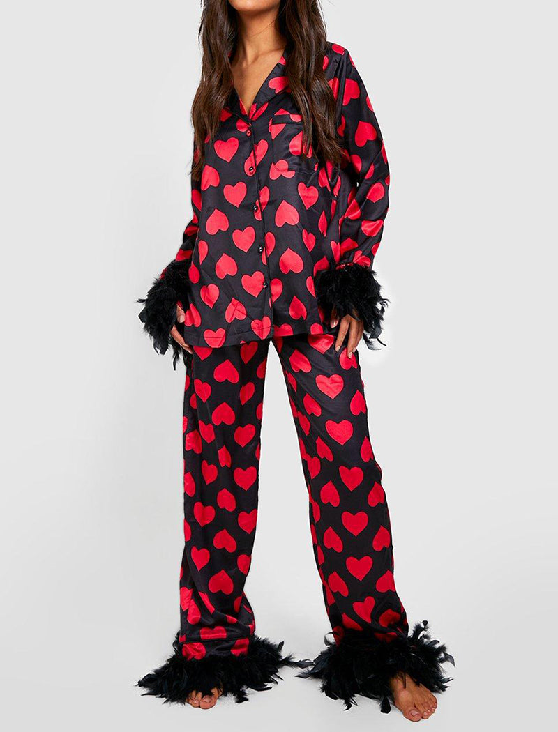 Heart Print Pajama Set with Feather Trim