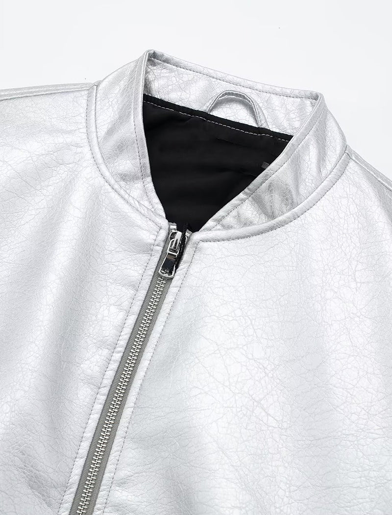 Metallic Zip-Up Cropped Bomber Jacket