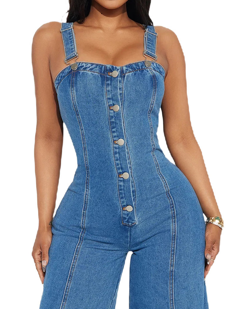 Wide-Leg Button-Up Denim Jumpsuit